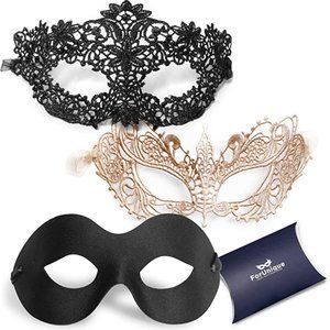 NWOT 3 Halloween, Masquerade, Venetian Gold & Black Lace, Mardi Gras Masks